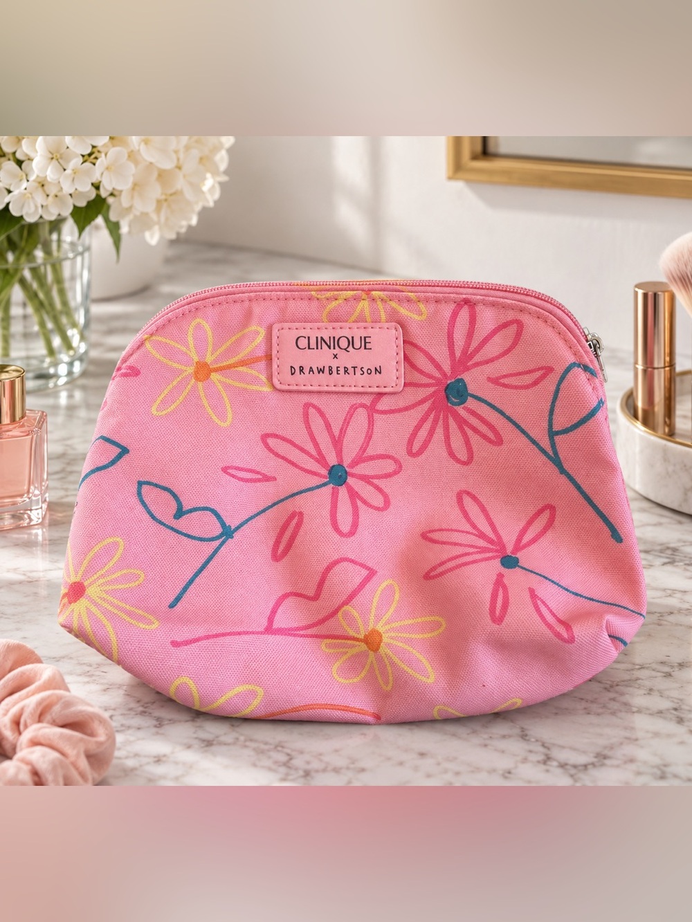 Clinique x Drawbertson Pink Floral Makeup Bag Cosmetic Pouch Travel Case